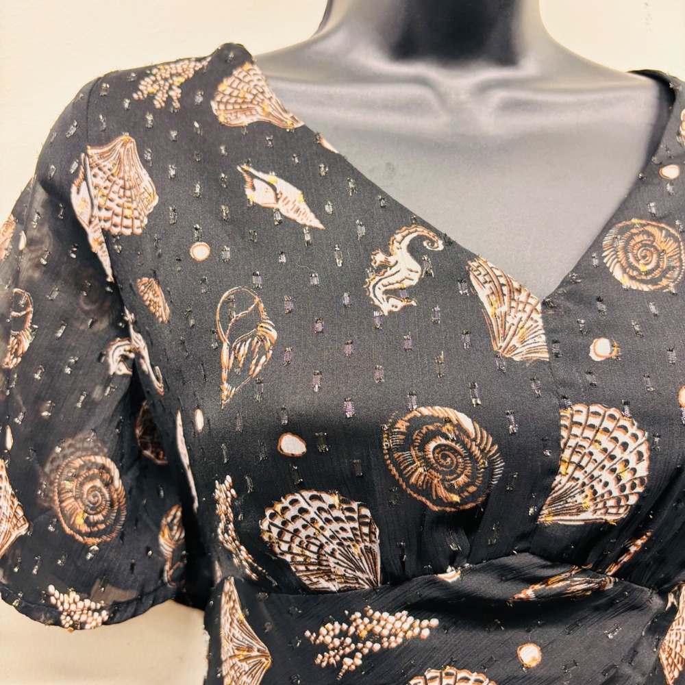 NWT Loft Women 14 Black Seashell Seahorse Metallic Clip Dot Midi Dress 36733224 - Picture 2 of 7